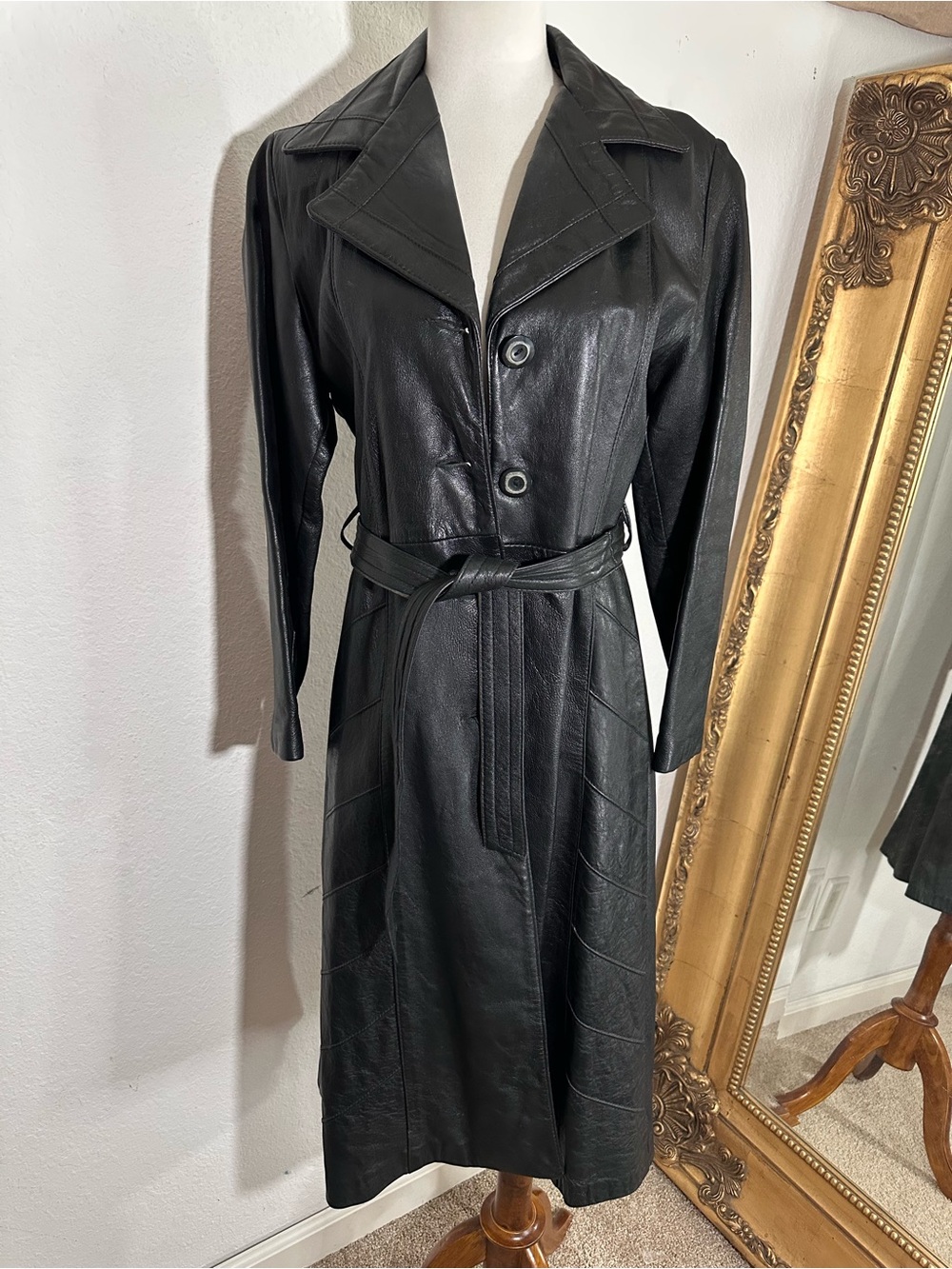 Vintage Jacobsen’s Leather Trench Coat Jacket With Belt in Black Size Small